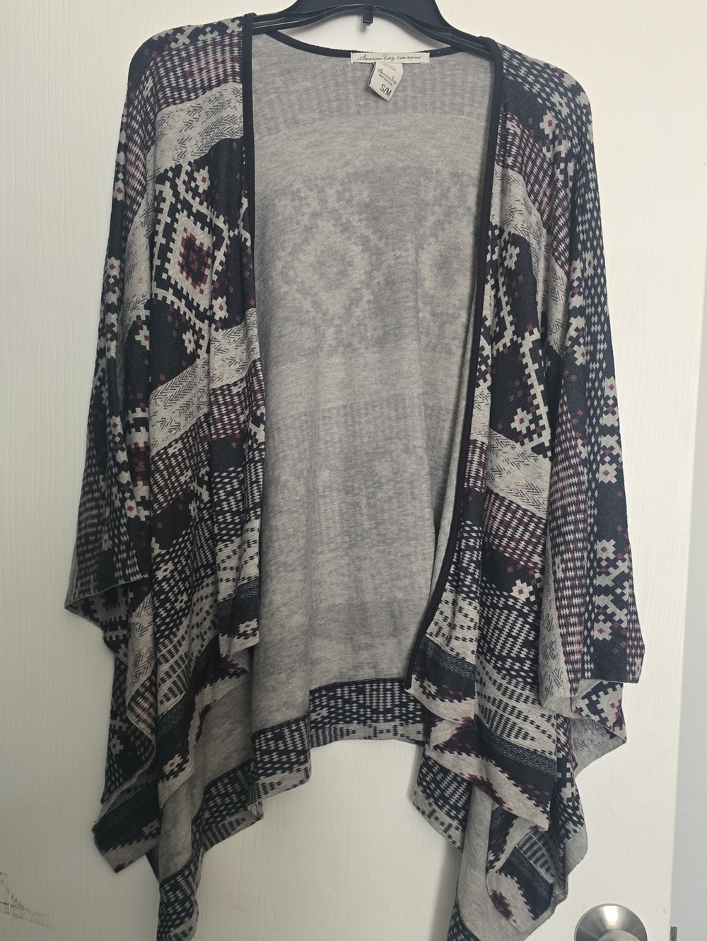 American Rag Open-Front Geometric Pattern Cardigan - Gray, Black & Maroon